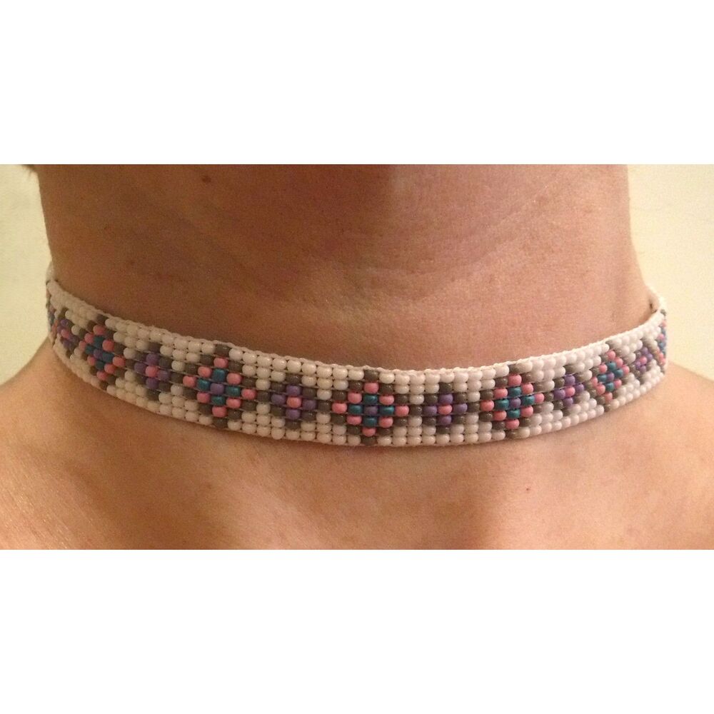 Loom Beaded Choker Necklace White, Pink, Gray, Purple